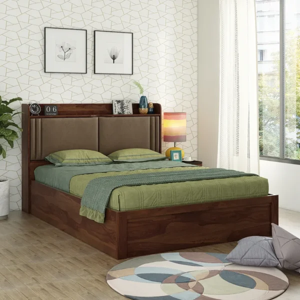 KOSMO Engineered Wood Head Storage Hydraulic King Bed In Sheesam Finish