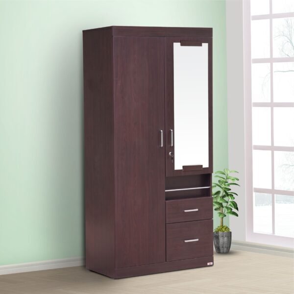 PIYESTRA Engineered Wood Rosely Two Door Wardrobe With Mirror in Melamine Finish